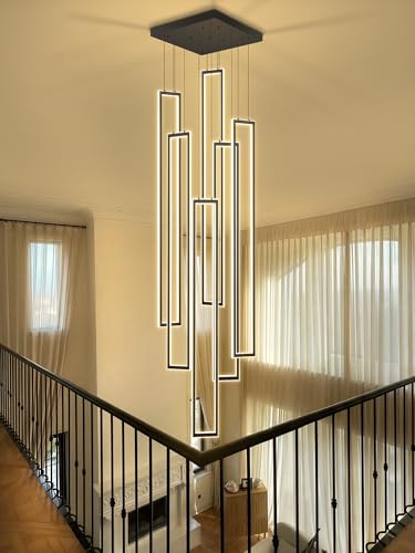Modern Chandeliers for Entryway High Ceiling Large Rectangle Chandelier LED Dimming Black Contemporary Chandelier for Staircase Foyer 2700k