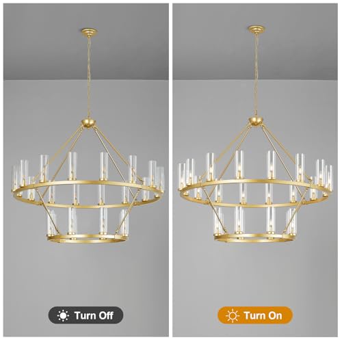 48 Inch Large Gold Wagon Wheel Chandelier with Clear Glass Shade 2 Tier 24
