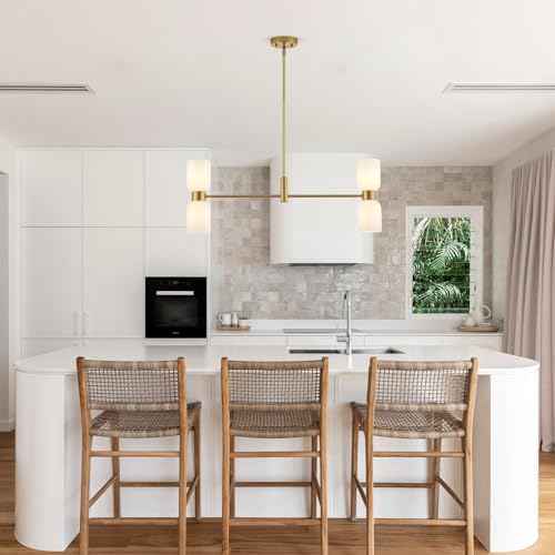 Modern Linear Chandelier for Kitchen Island, Gold Island Light Fixtures with White Glass Shade, 4-Light Linear Pendant Light Fixture for Dining Room