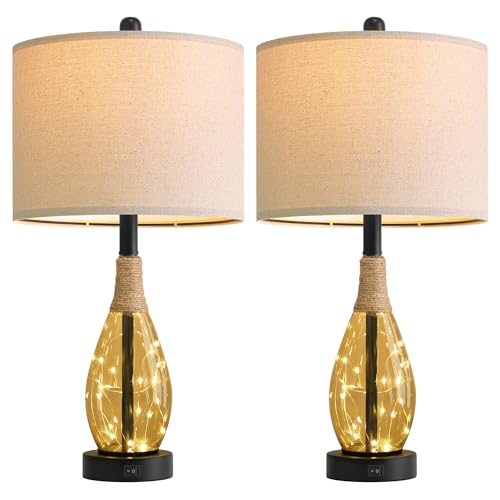 23" Table Lamps for Living Room Set of 2 Bedside Lamps for Night Stands Bedroom Lamps Farmhouse Rattan Boho Lamp Glass Nightlight End Table Lamp