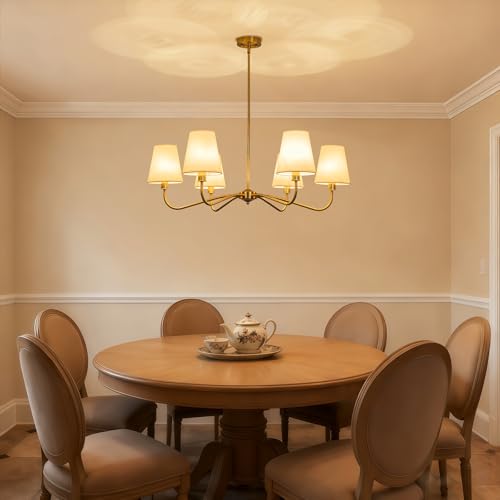 Brass Gold Chandeliers for Dining Room 6 Light Chandelier with Fabric Shade