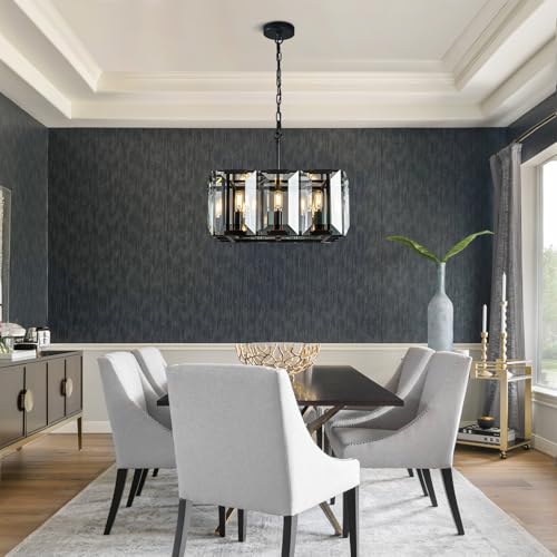 Black Modern Crystal Chandeliers Rectangle Farmhouse Pendant Light Semi Flush Mount Ceiling Light Fixture for Bedroom Dining Room Kitchen Island Living Room Foyer Hallway