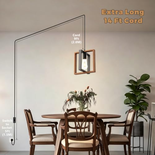 Rustic Wood Plug in Pendant Light with ON