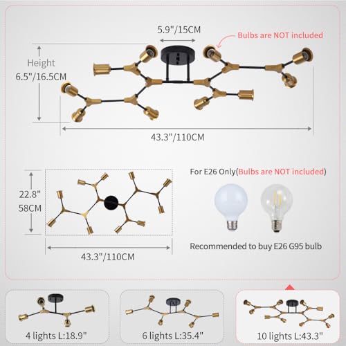 Modern Gold and Black Sputnik Semi Flush Mount Ceiling Light Fixture