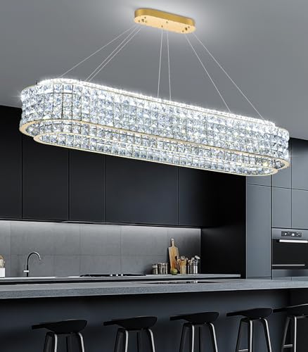 L47 x W12 Modern Chandeliers for Dining Room LED Dimmable Pendant Lighting Ceiling Chandelier Crystal Rectangle Light Fixtures Gold
