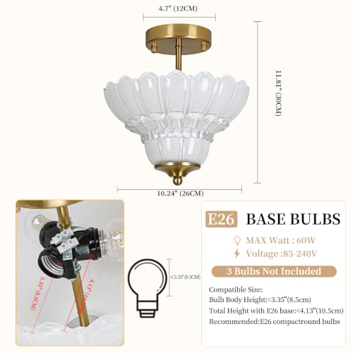 Vintage Gold Semi Flush Mount Light with Floral White Shade (Gold and White)