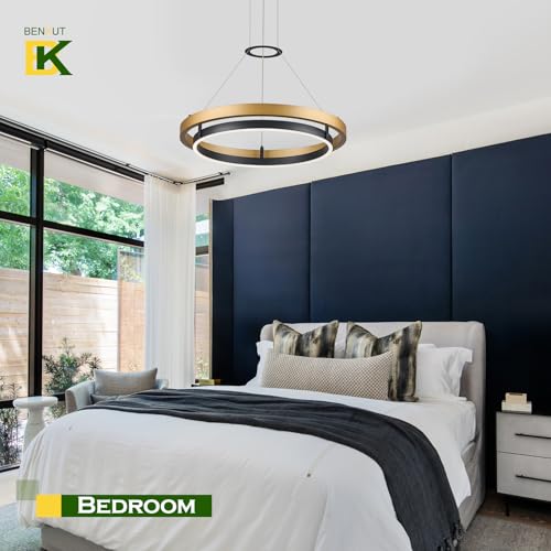 Modern LED Chandelier Black Gold Dimmable Circular LED Pendant Light with Remote Ring Chandelier Dining Room Light Fixtures for Kitchen Island Living Room Entryway