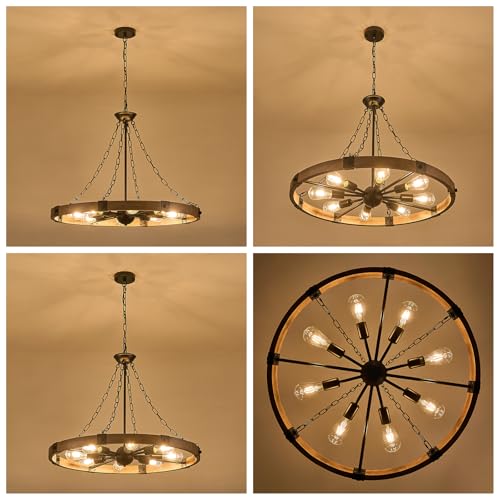 Farmhouse Wagon Wheel Chandelier 31.5" Oak Rustic Chandeliers 8