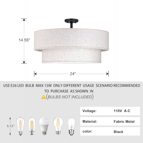 2 Tier 24" Cream Drum Fabric 5 Light Black Semi Flush Mount Ceiling Light for Living Room Dining Room Bedroom Hallway