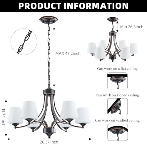 6 Light Farmhouse Chandeliers Black and Gold Dinner Room Light with Frosted Glass 47.2" Adjustable Pendant Ceilling Lighting Rustic Vintage Hanging Lamp for Kitchen Island Dining Table Living Room