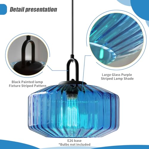 Glass Pendant Light Fixture Vintage Modern Pendant Lights with Blue Hand Blown Glass Shade Mid Century Black Adjustable Cord Ceiling Hanging Lighting for Dining Room Kitchen Island