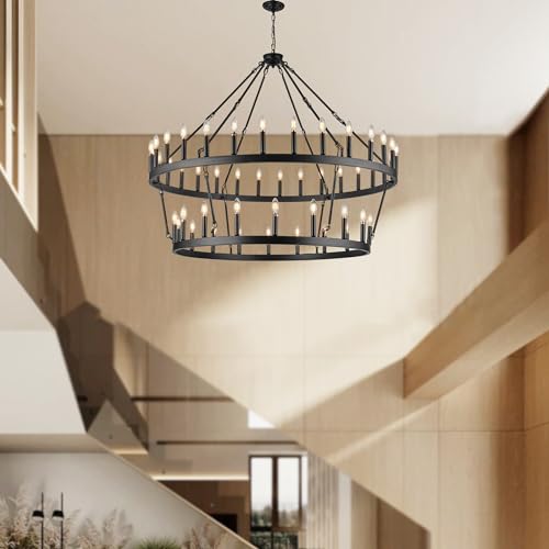 Rustic Farmhouse Black Wagon Wheel Chandelier Large Chandeliers for High Ceilings 2 Tier 48 Lights 55 Inch for Dining Room Living Room Foyer Porch Kitchen Island