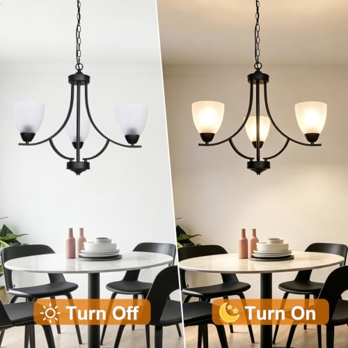 3 Light Shaded Contemporary Chandeliers with Alabaster Glass Black Rustic Light Fixtures Ceiling Hanging Mid Century Modern Pendant Lighting for Bed Room Dining Room Foyer Living Room