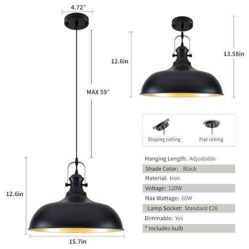 2 Pack 15.7" Matte Black Barn Pendant Lights