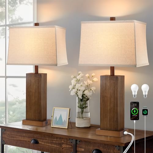 27.5" Wood Table Lamps Set of 2 for Bedroom Living Room (2 Count)