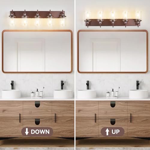5 Light Bronze Bathroom Light Fixtures Over Mirror