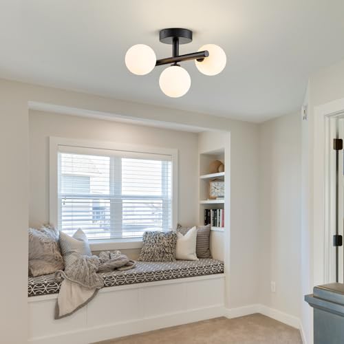 3 Light Semi Flush Mount Ceiling Light Frosted Globe (3 Count)
