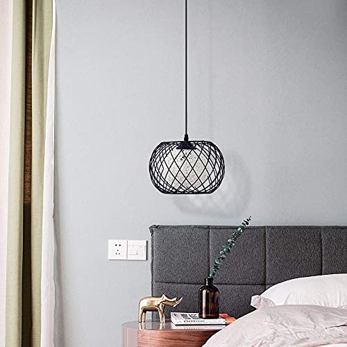 Black Metal Cage Rattan Pendant Light
