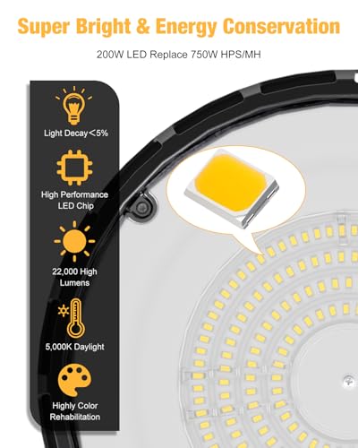 UFO LED High Bay Light 200W 22000LM 5000K High Bay LED Shop Lights