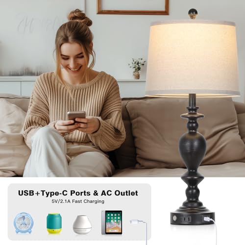28" Tall Farmhouse Bedside Lamp Set of 2 (Black-2)