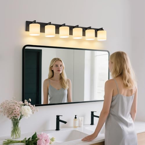 6 Light Black Bathroom Vanity Light with White Glass Shades
