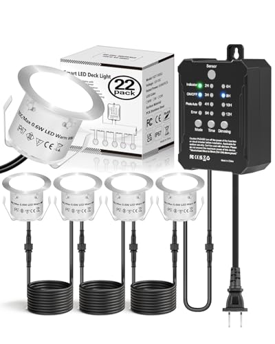 22 Packs Low Voltage Deck Lights Kit with Transformer Dimmable Timer and Photocell Sensor Outdoor Recessed LED Deck Lighting IP67 Waterproof 4000K for Garden Yard Stair Patio Floor Decoration (22 Count)
