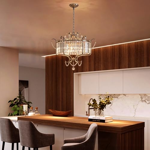 Modern Crystal Chandelier for Dining Room 24" Brushed Nickel Light Fixtures 6 (6 Count)