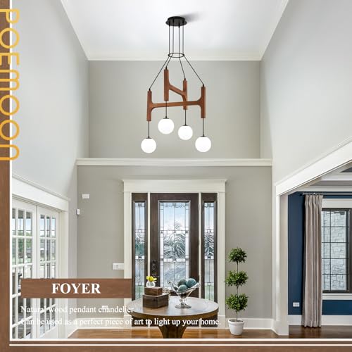 Farmhouse 4 Light Wooden Chandelier with Milk Glass Globe L24 Inch (4 Count)