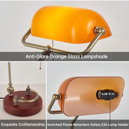 Bankers Lamp Traditional Orange Desk Lamp Solid Wood Pull Chain Switch
