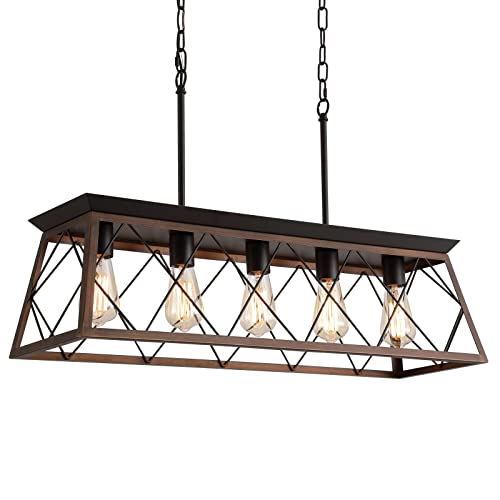Farmhouse Rustic Chandelier Light Fixtures Bronze 5 Lights Linear Rectangular Chandelier Pendant Light Fixtures for Dining Room Kitchen Island Pool Bar Office Living Room Entryway UL Listed