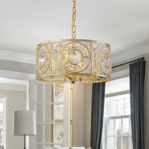 Vintage Crystal Round Chandelier 14.17" Gold Dining Room Chandelier Over Table 4