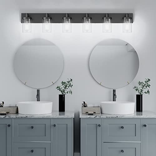 48in Vanity Light Black Bathroom Vanity Lighting Fixtures 6 Light Bathroom Light Fixtures with Clear Glass Shade