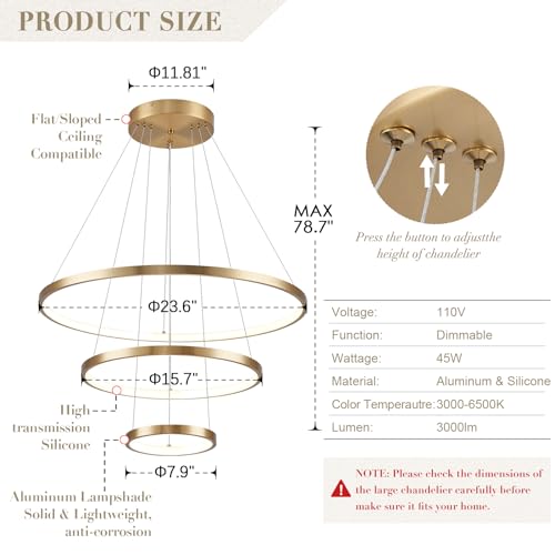 3 Rings LED Chandeliers Modern Gold Chandelier Dimmable Flush Mount Pendant Light Fixture Remote Control Contemporary Pendant Chandelier for Dining Room Bedroom Foyer