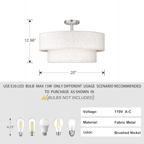 2 Tier 20" Cream Drum Fabric 4 Light Brushed Nickel Semi Flush Mount Ceiling Light for Living Room Dining Room Bedroom Hallway
