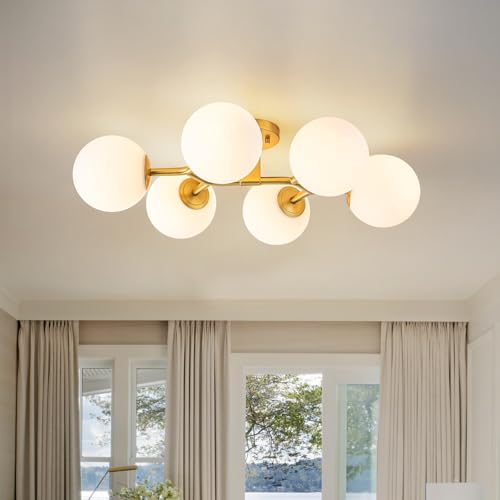 6 Light Semi Flush Mount Glass Ceiling Light Milk Globe