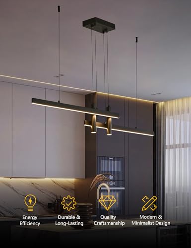 Modern Black Linear Pendant Lights Kitchen Island Lighting Minimalist Led Chandeliers Pool Table Light Dimmable Ceiling Hanging Light Fixture Dining Room with Remote Control