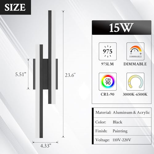 LED Wall Sconce Set of 2 Black Remote Modern LED Vanity Lights Set of 2 Indoor Wall Light Fixtures for Living Room
