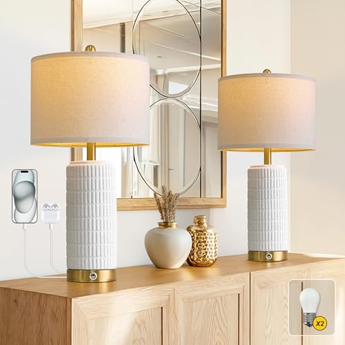 Stone Like Ceramic Table Lamps with USB Ports for Bedroom (2 Count)