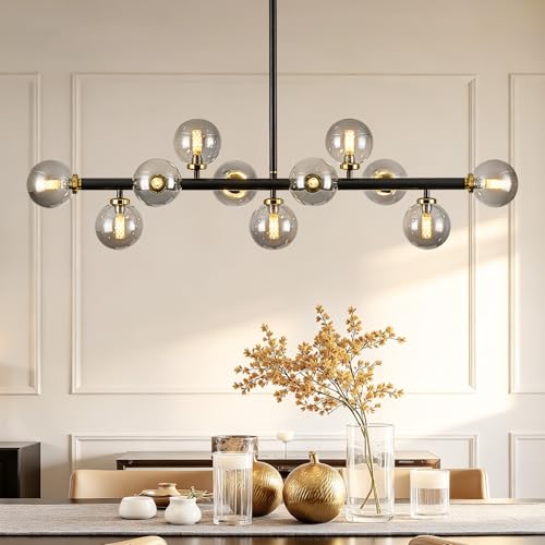 11 Light Black Gold Sputnik Chandelier with Grey Glass Globe Bubble