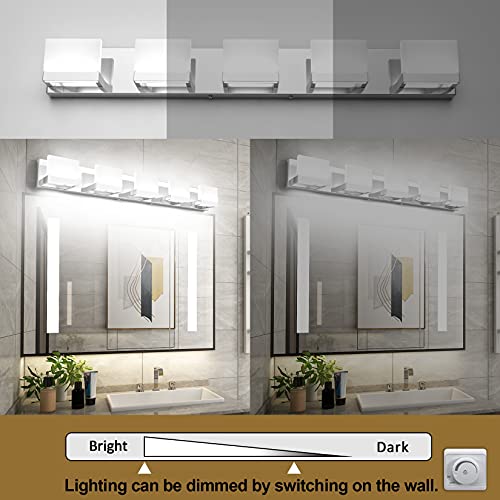 Dimmable Modern 5 Lights LED Vanity Light for Bathroom Up and Down Chrome Bathroom Wall Light Fixtures Over Mirror