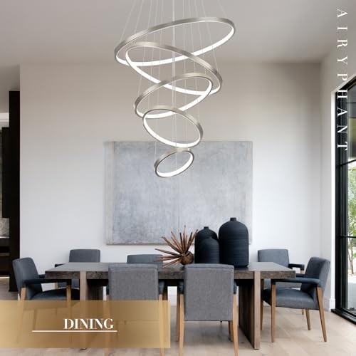 5 Rings Brushed Nickel Ring Chandeliers Moedrn LED Chandeliers Dimmable Foyer Chandelier for High Ceiling Dimmable Contemporary Nickel Chandelier for Living Room Staircase Entryway