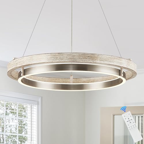 LED 2 Ring Chandelier Dimmable Up Down Light Weathered Wood Brushed Nickel