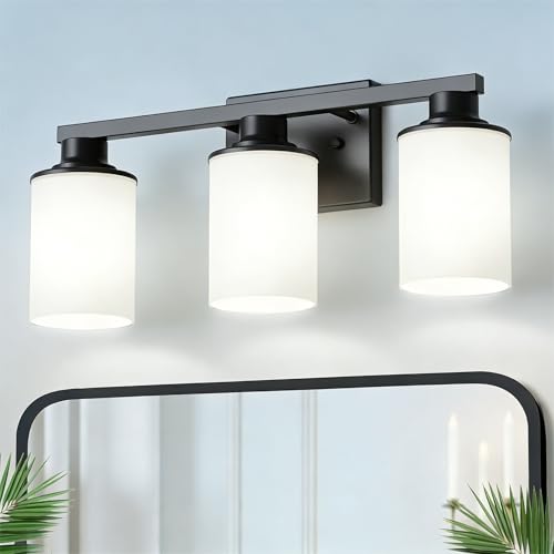 17 Inch 3 Light Black Bathroom Vanity Light with Milk Glass