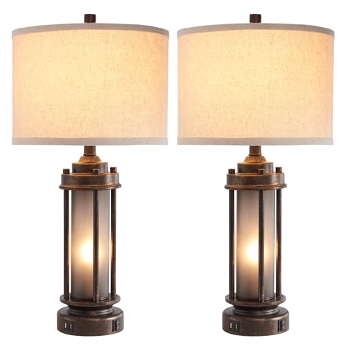 Set of 2 Farmhouse Table Lamps for Living Room with USB C+A Ports (2 Count)