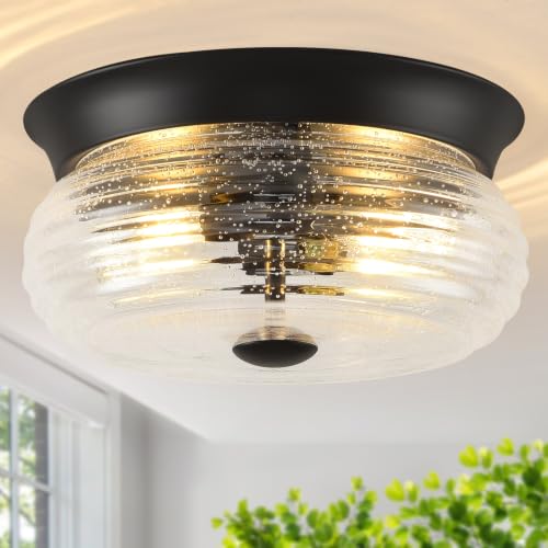Black Flush Mount Ceiling Light Fixtures (Matte Black + Clear Air Bubble Glass(No Assembly Required))