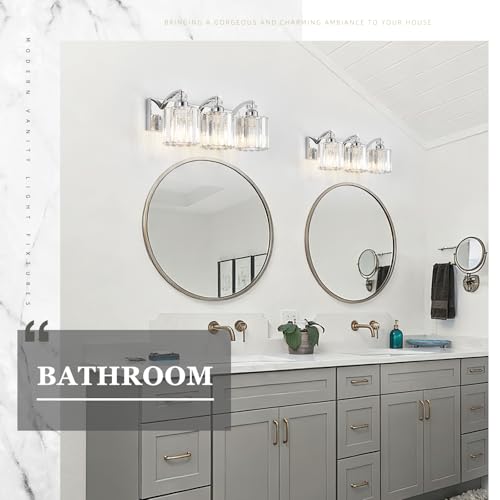 3 Light Modern Bathroom Light Fixture Chrome Vanity Lights Over Mirror Wall Sconce Lighting with K9 Crystal Shades Bathroom Wall Lamp E26 Base for Bedroom