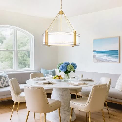 20.4'' Gold Drum Chandelier with White Linen Fabric Shade