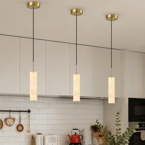 Gold Natural Alabaster Long Tube Kitchen Island Pendant Lights (3 Count)