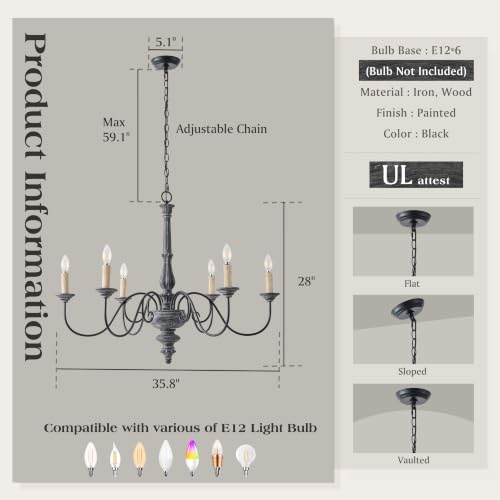 6 Light French Country Chandelier Rustic Wooden Chandelier Light Fixture for Dining Room