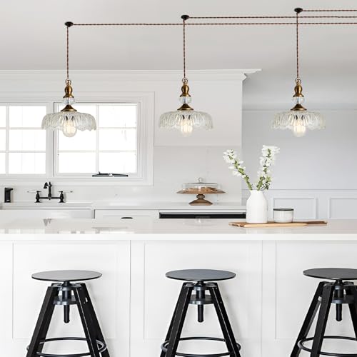 Plug in Glass Pendant Light Fixture Brass Vintage Adjustable Chandelier Brushed Gold Hanging Ceiling Light for Farmhouse Hallway Bedroom Foyer Kitcken Dining Room Island